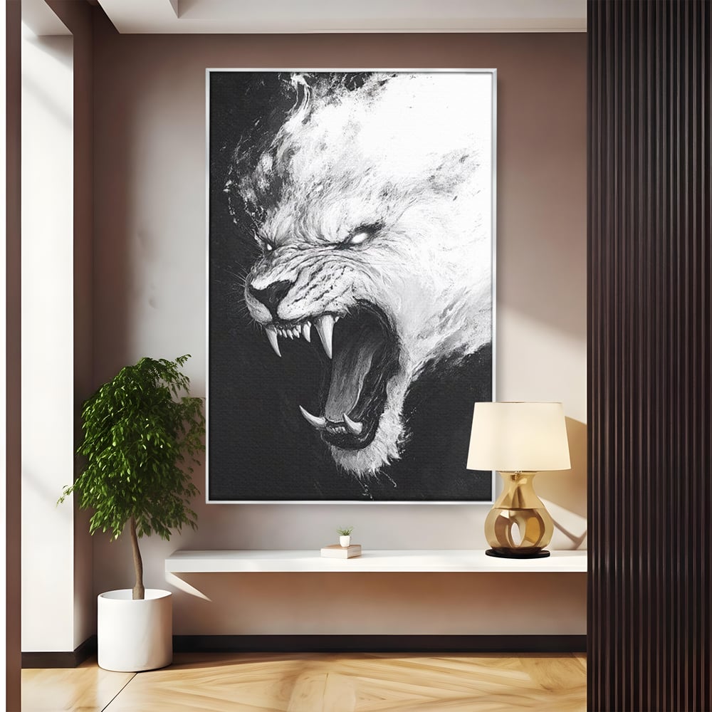 Tablou canvas cu tablou canvas cu tigru alb, in rama de aluminiu argintiu
